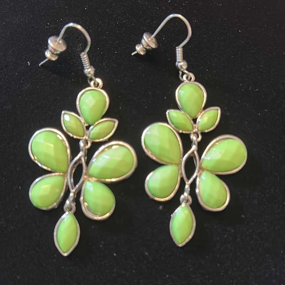 Silver Dangle Earrings with light green accents.